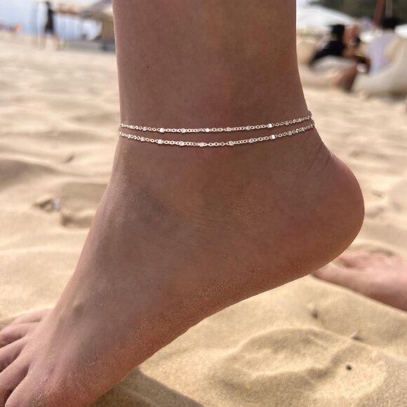 Single Clasp Beaded chain Cuban Link Waterproof Adjustable Anklet for Women - Picture 2 of 8